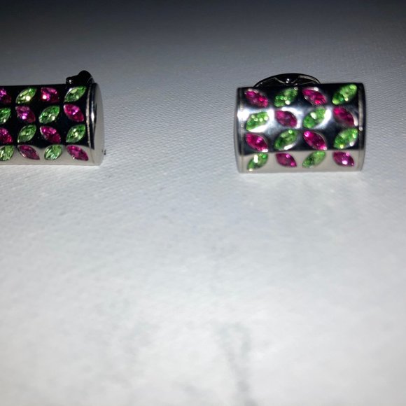 New Peridot and Fuchsia Crystal and Silver Tone Cufflinks with Cufflink Case - Picture 3 of 9